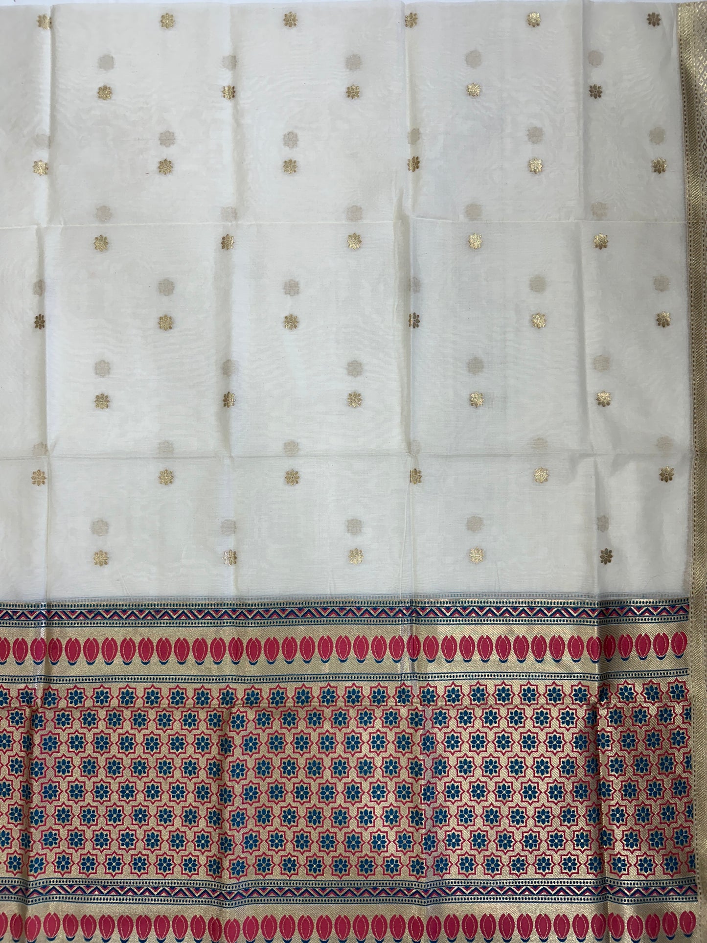 White Banarasi Cotton Suit Set with colorful Booti