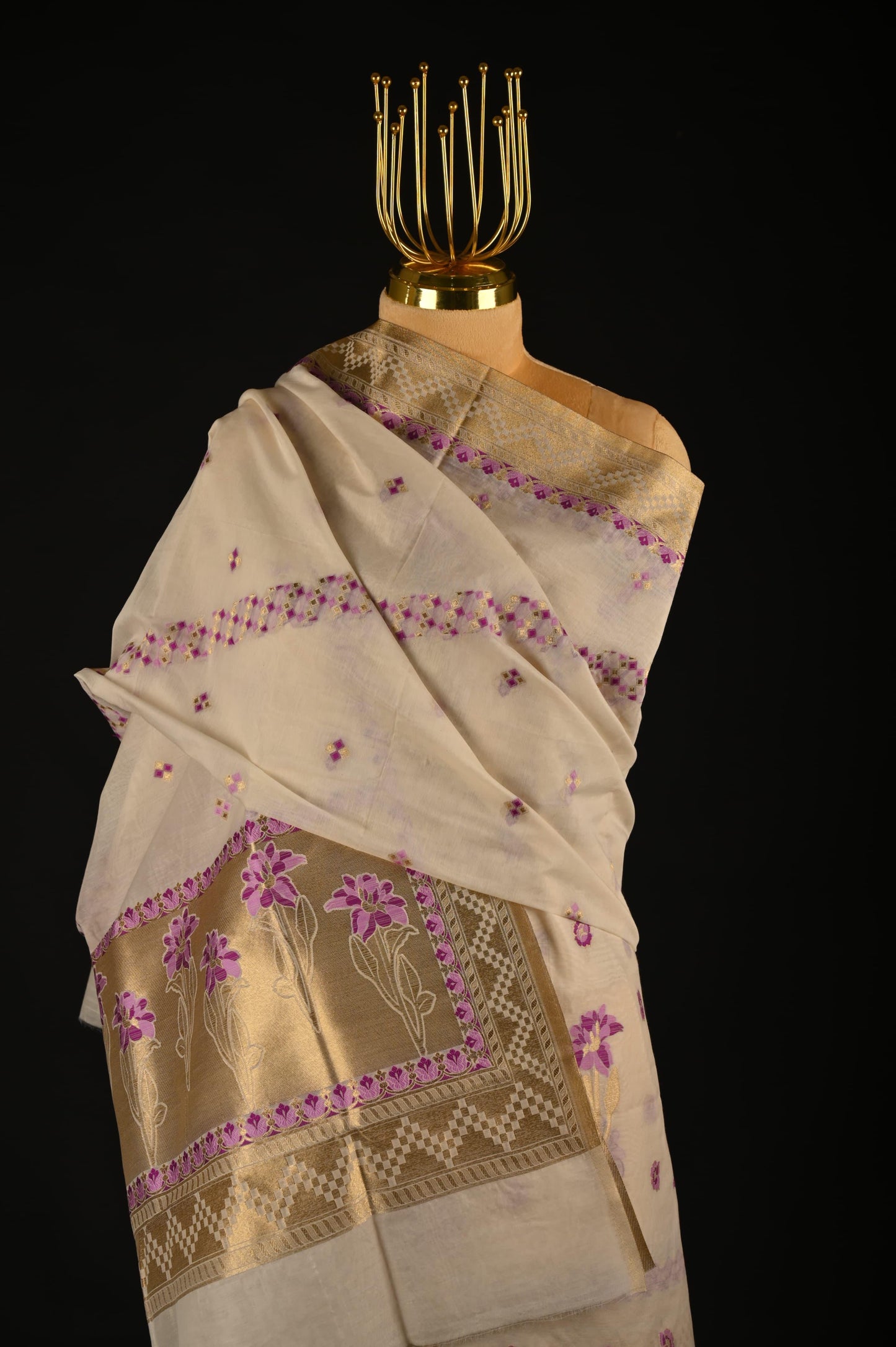 White Banarasi Cotton Suit Set with Purple Weave
