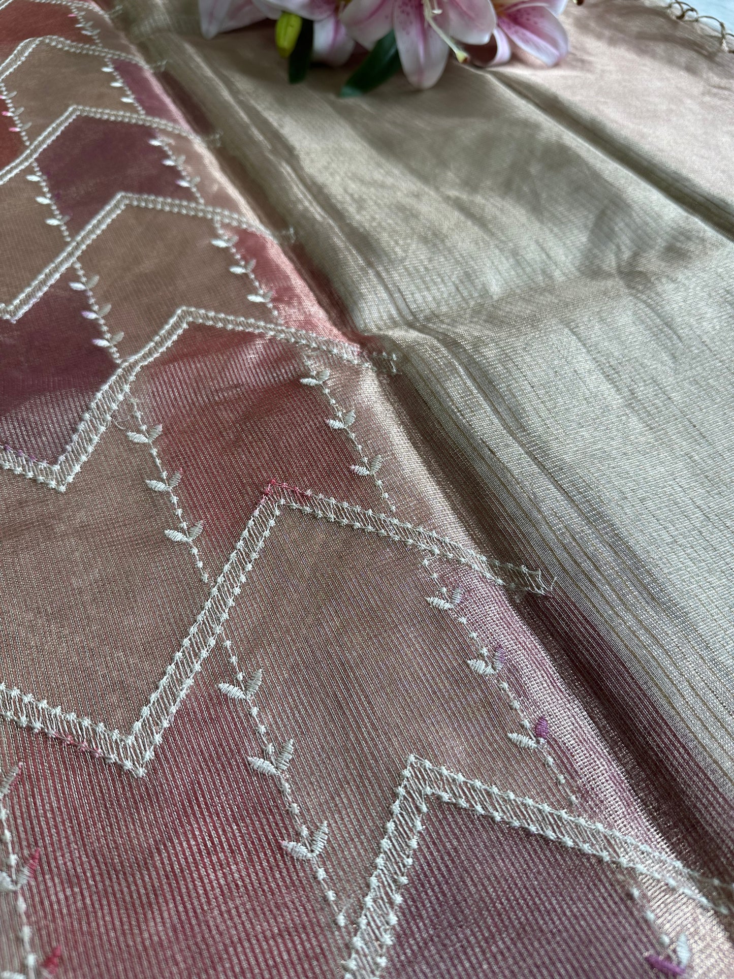 Champagne Net Tissue Silk Saree