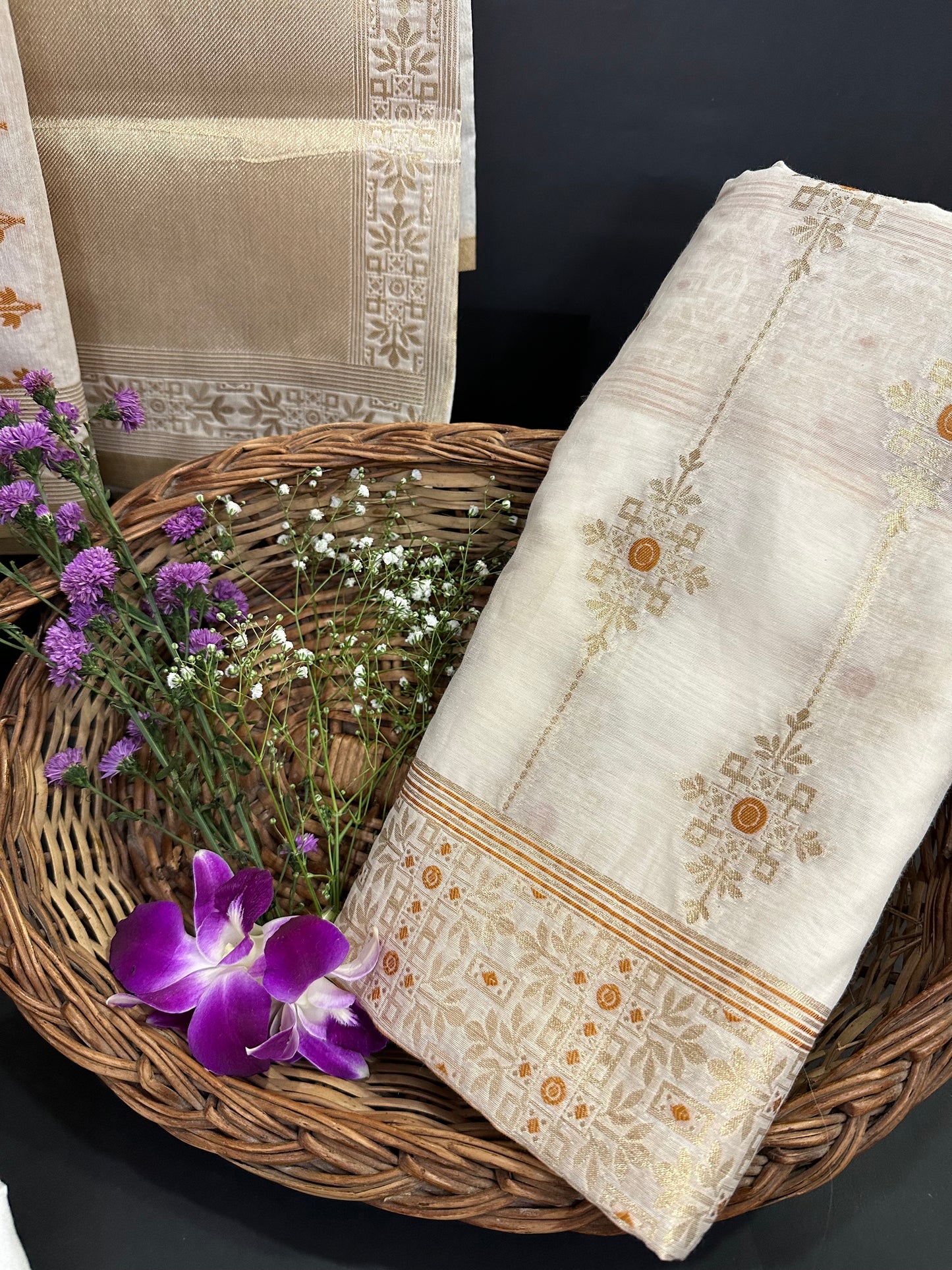 BANARASI COTTON SUIT SET- WHITE AND BROWN