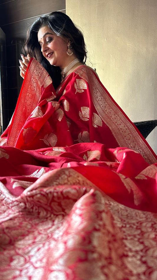 Pure Red Moonga Silk Saree