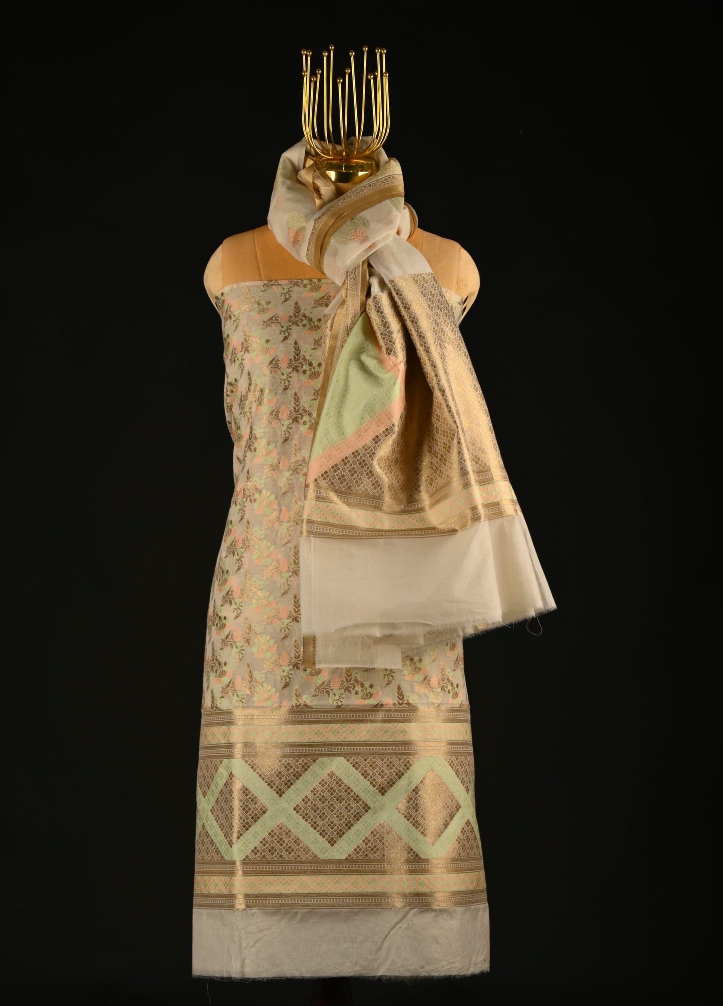 White Banarasi Cotton Suit Set with Green Work