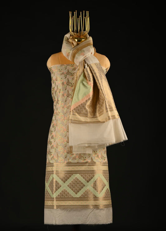 White Banarasi Cotton Suit Set with Green Work