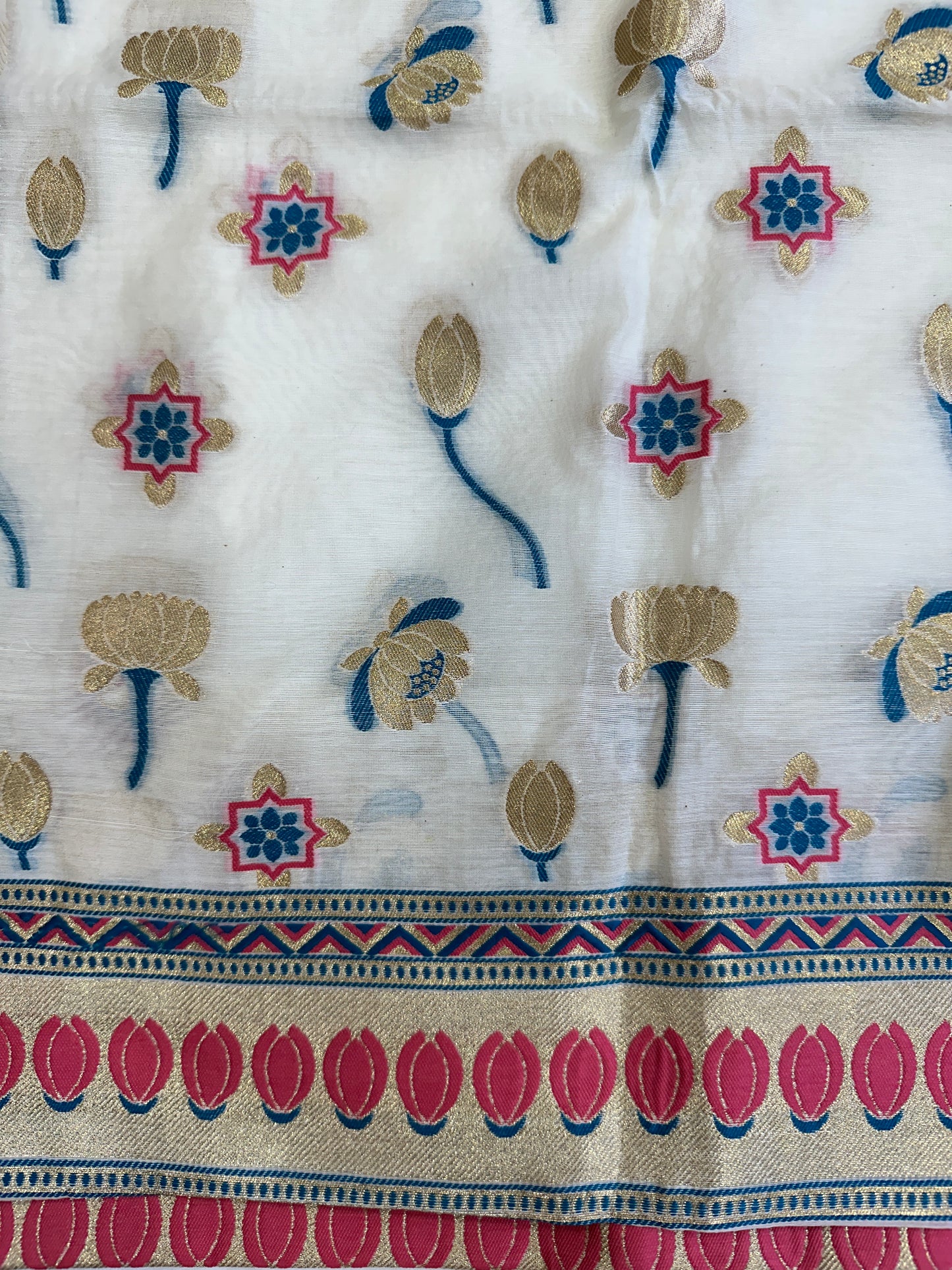 White Banarasi Cotton Suit Set with colorful Booti