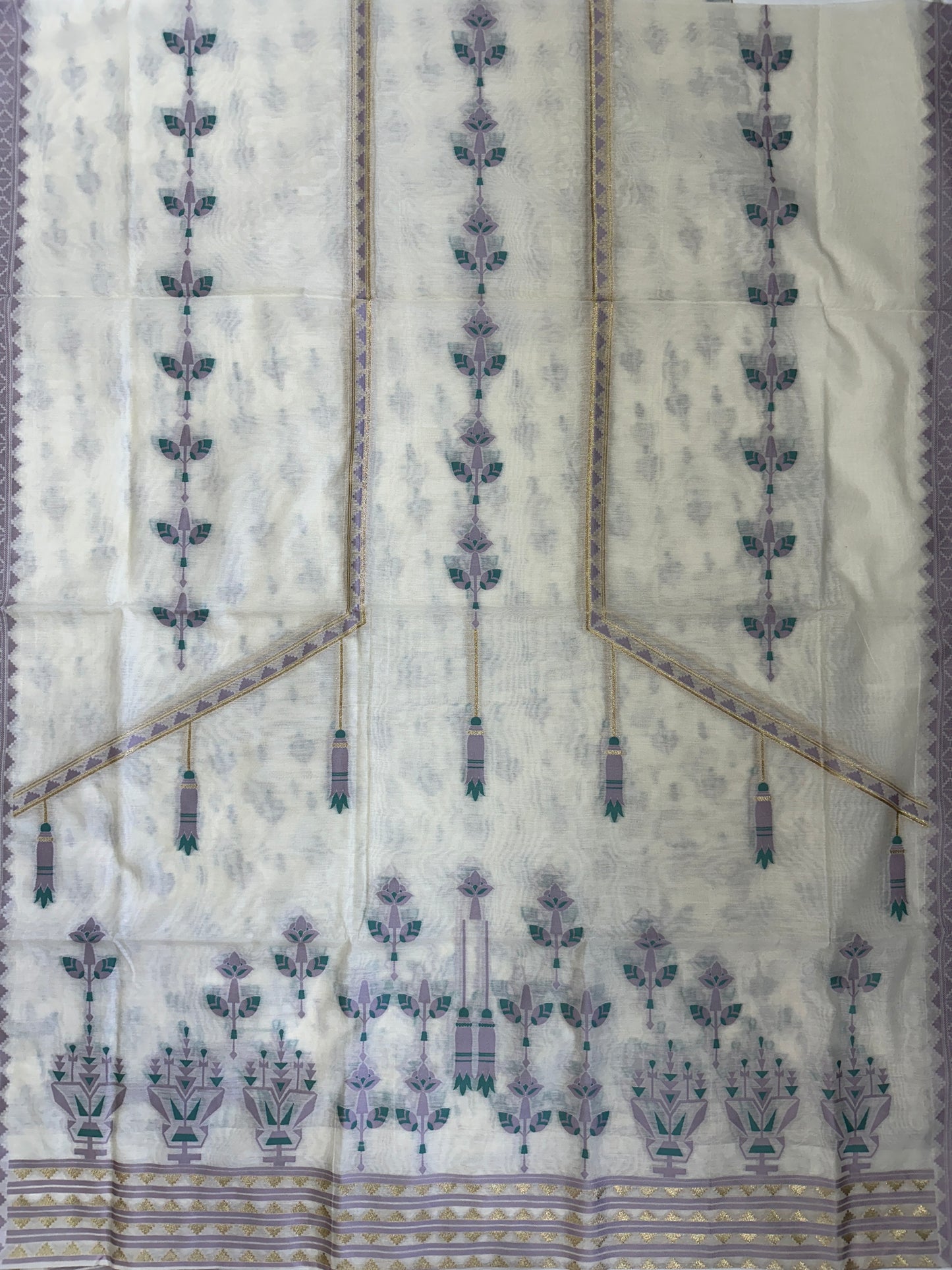 White Banarasi Cotton Suit Set with Green and Purple Booti