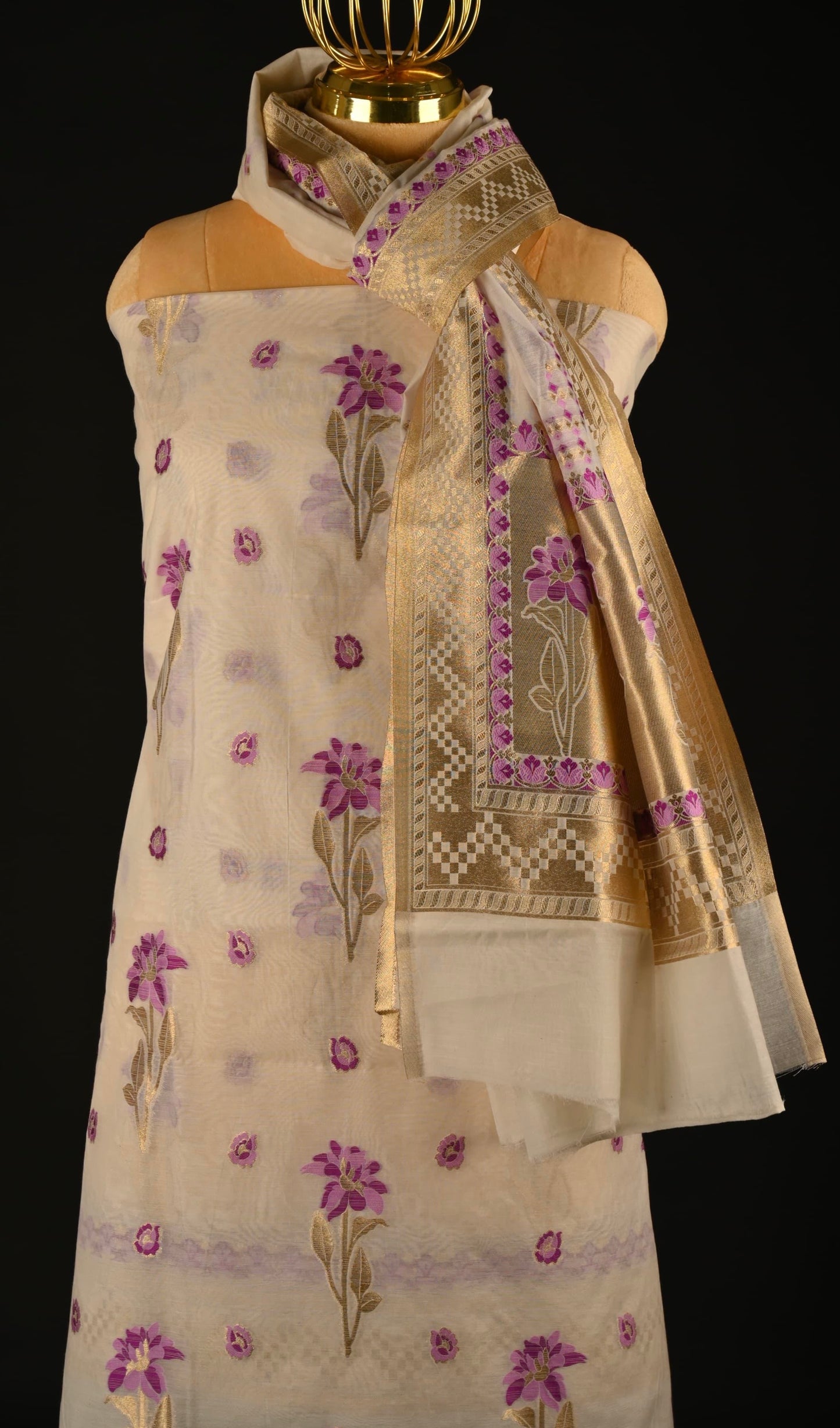 White Banarasi Cotton Suit Set with Purple Weave