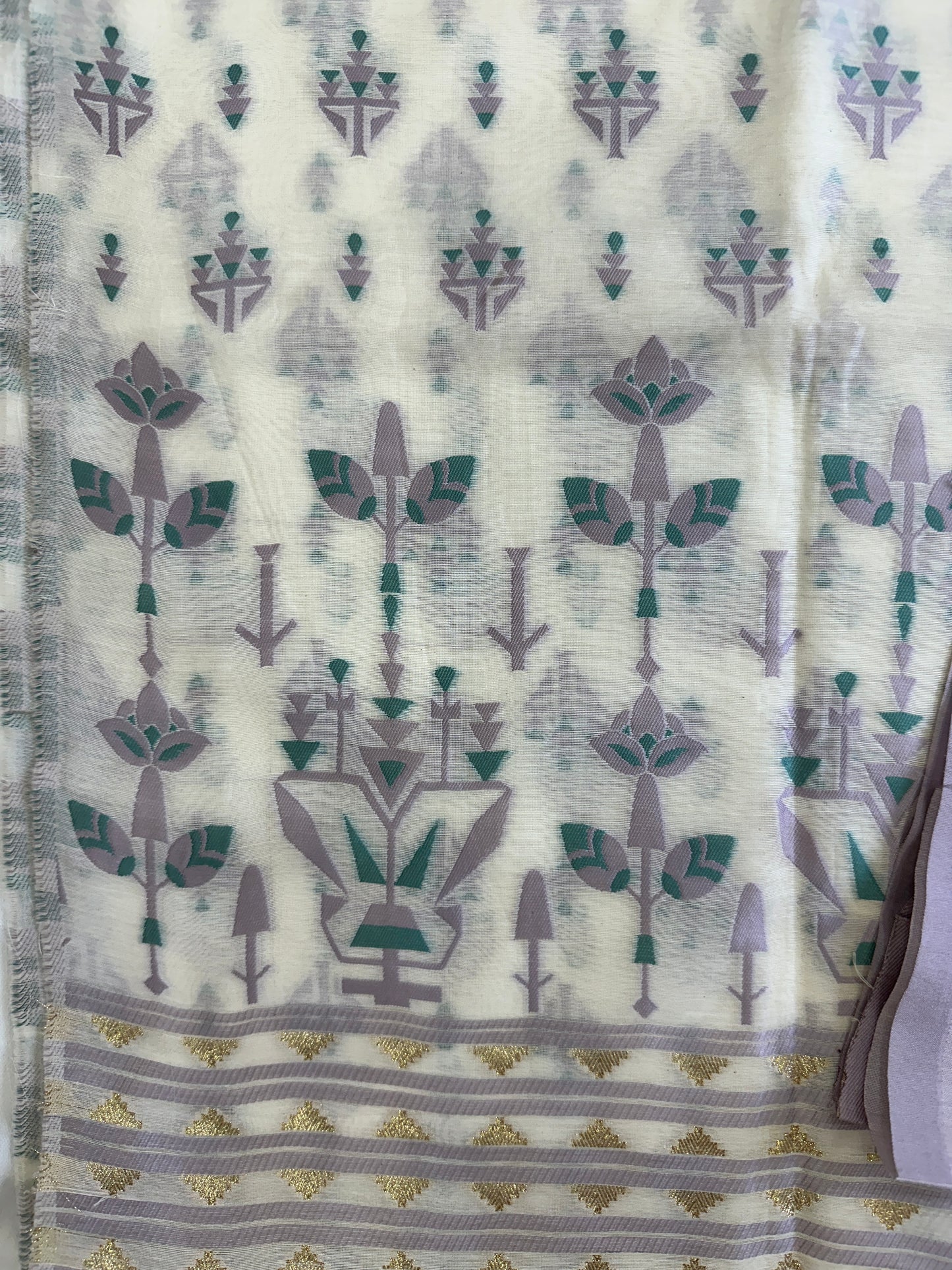 White Banarasi Cotton Suit Set with Green and Purple Booti