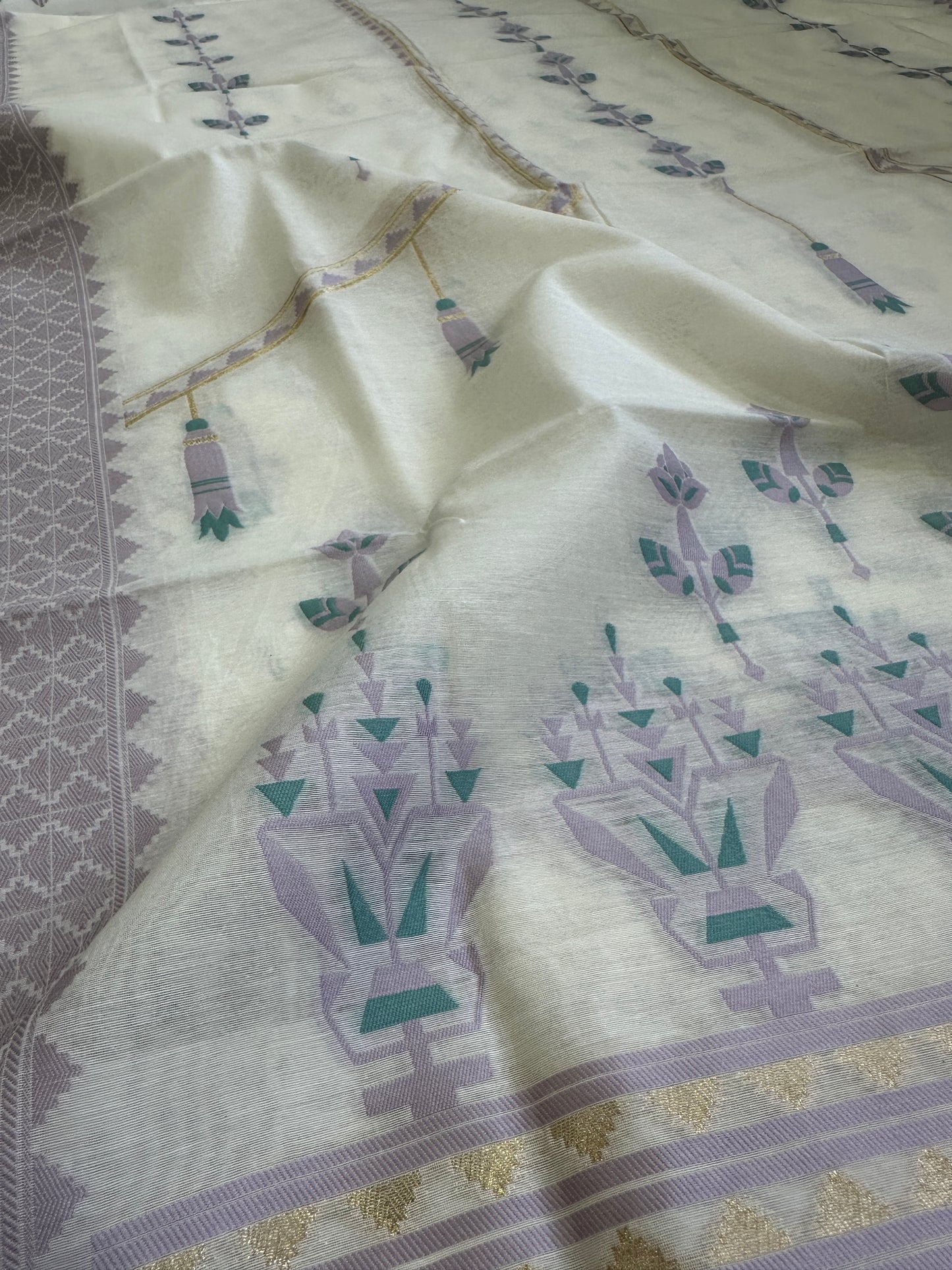 White Banarasi Cotton Suit Set with Green and Purple Booti