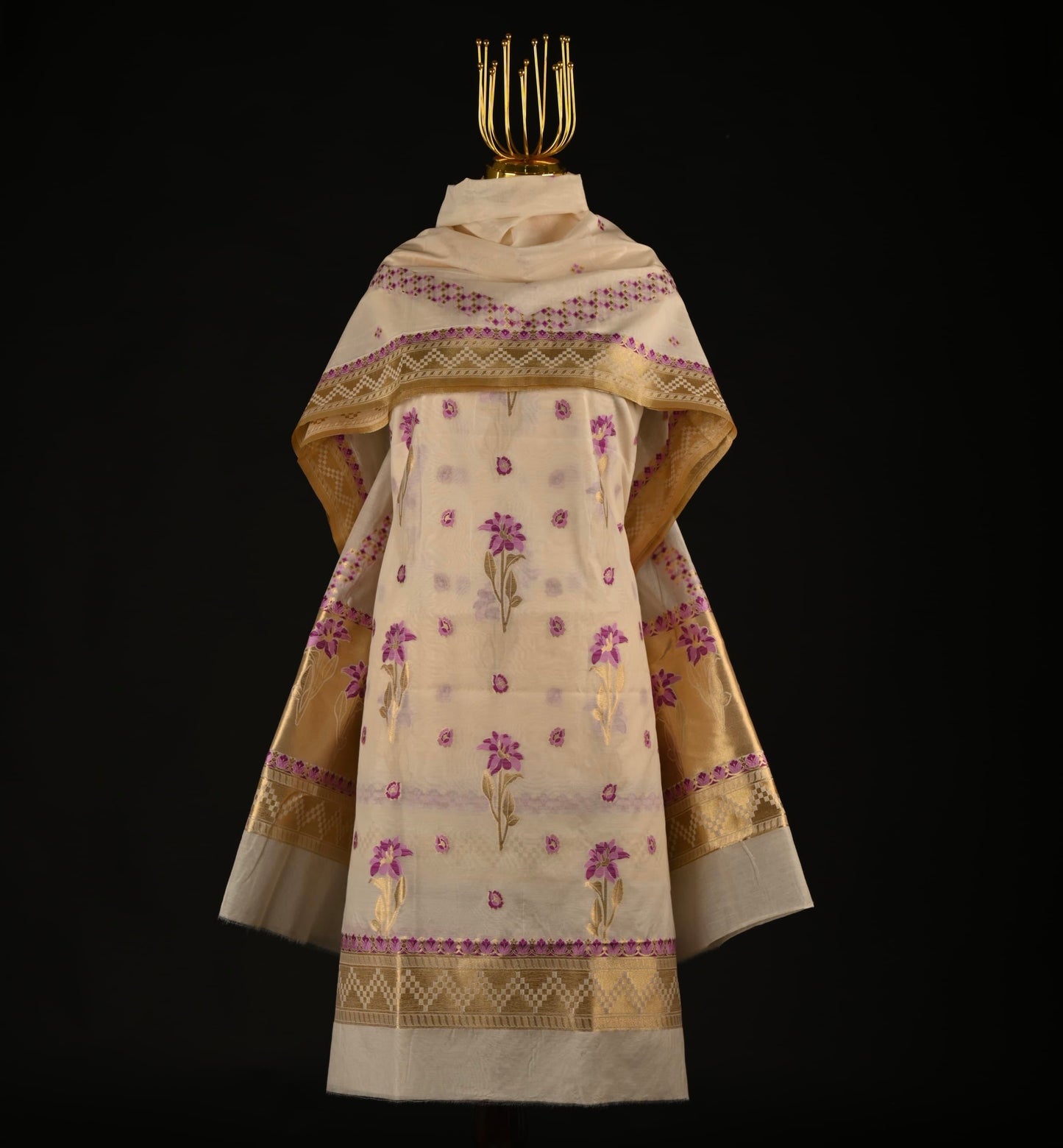 White Banarasi Cotton Suit Set with Purple Weave