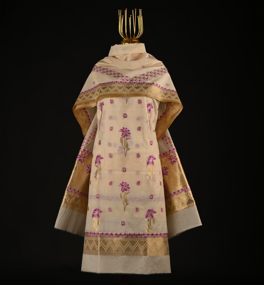 White Banarasi Cotton Suit Set with Purple Weave