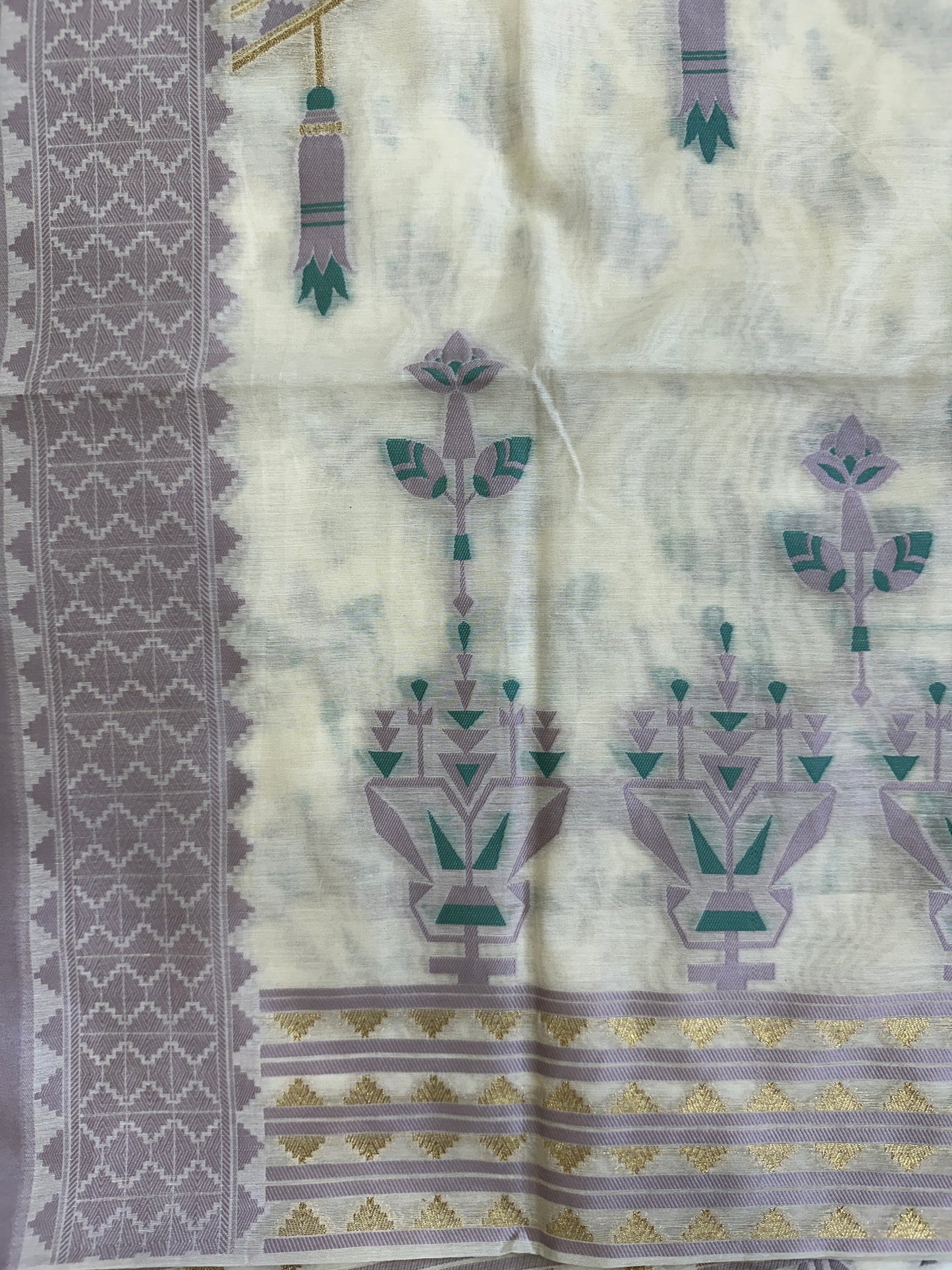 White Banarasi Cotton Suit Set with Green and Purple Booti