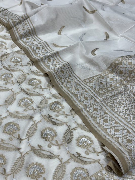 White Banarasi Cotton Suit Set with Zari Work