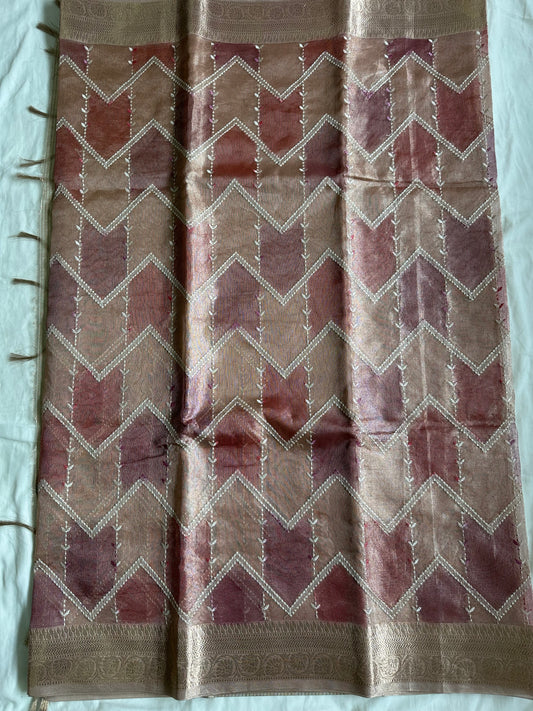 Champagne Net Tissue Silk Saree