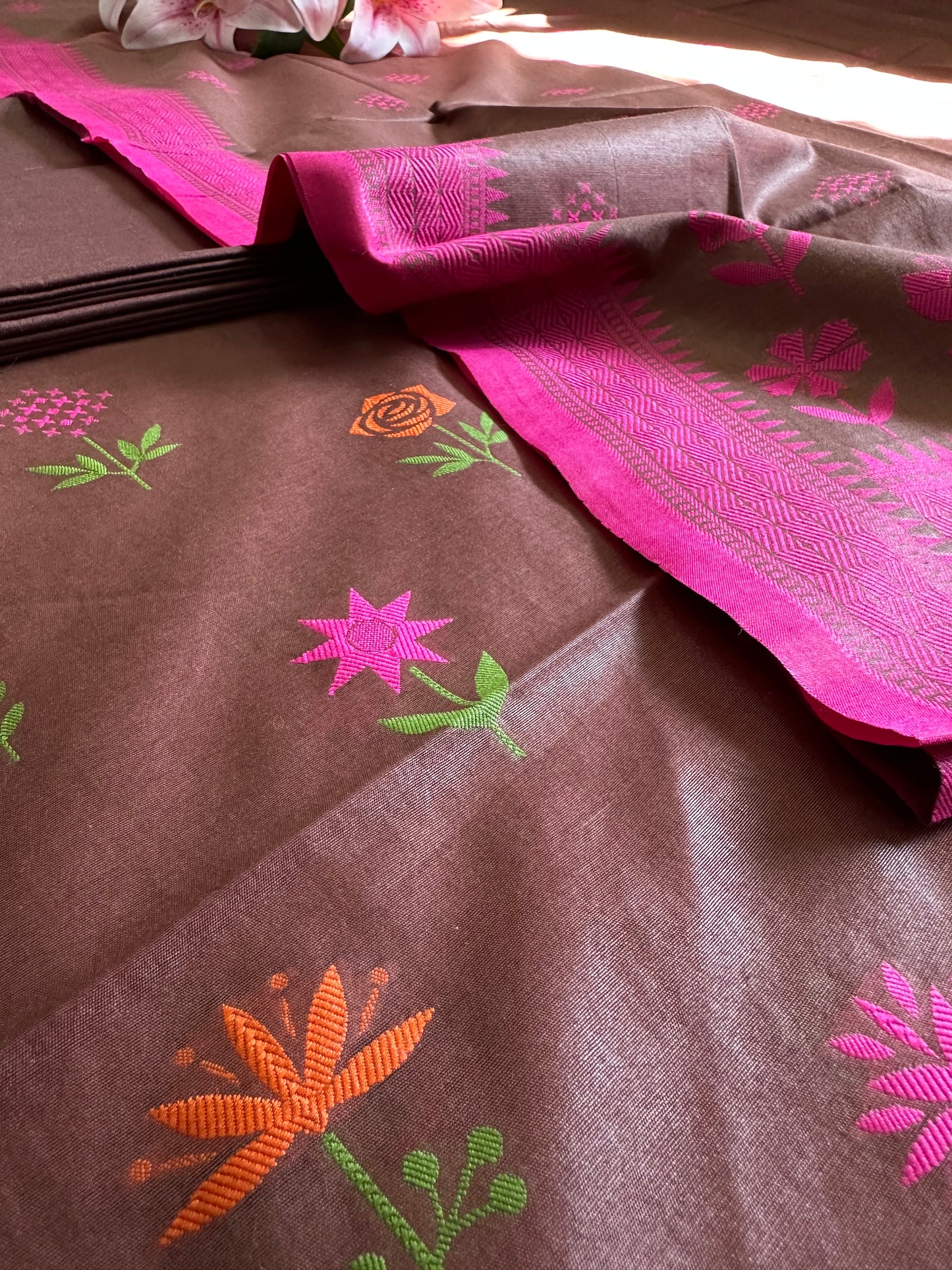 Brown Blossom Banarasi Cotton Suit Set