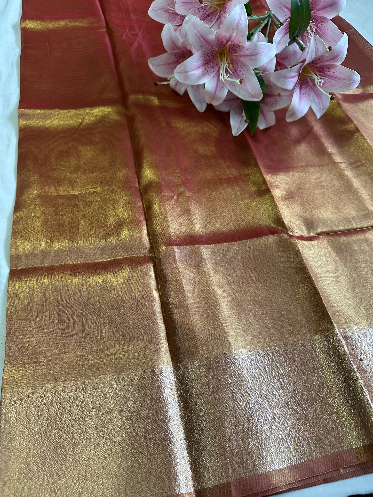 Orange Gold Tissue Border Saree