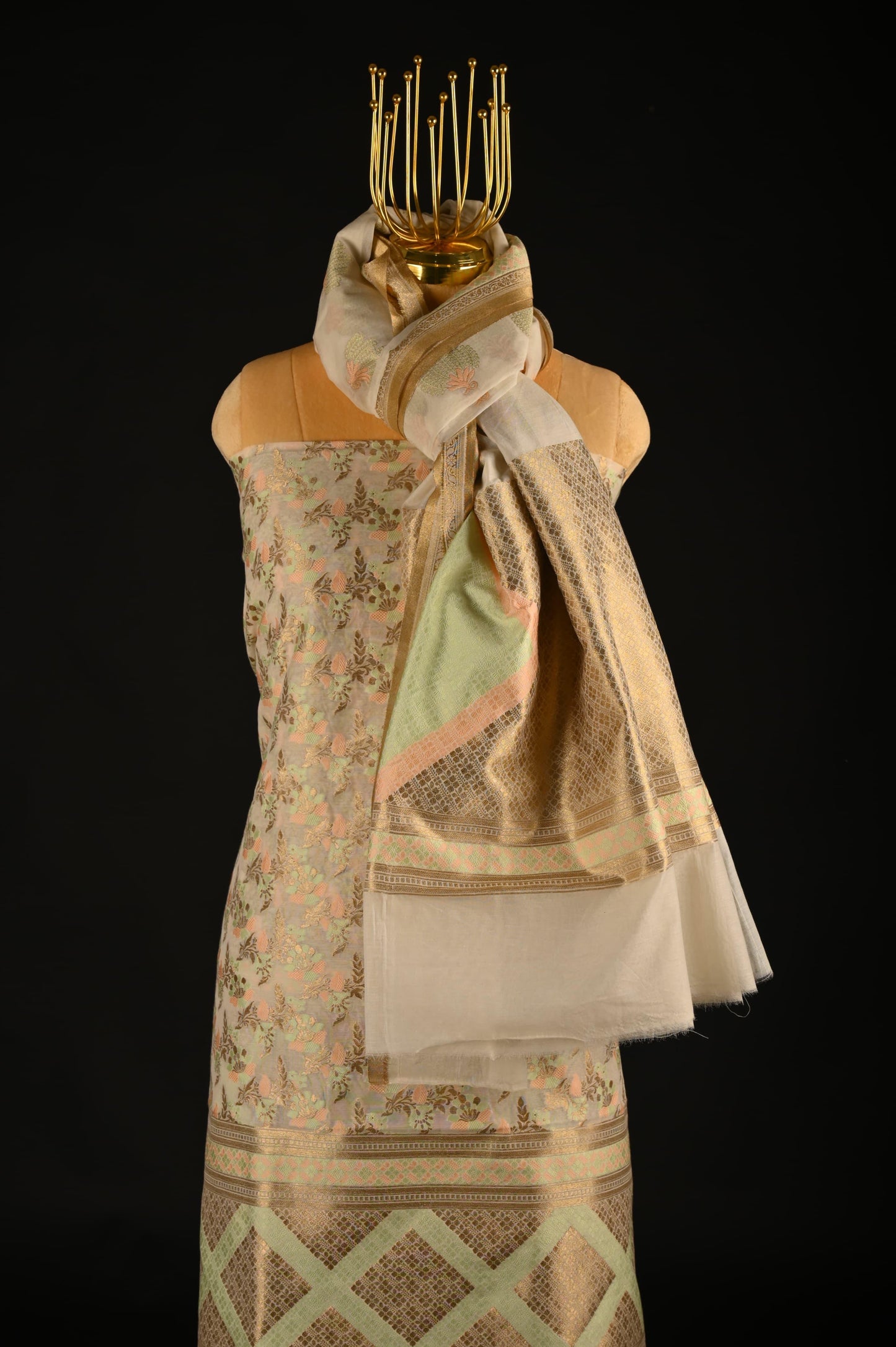 White Banarasi Cotton Suit Set with Green Work