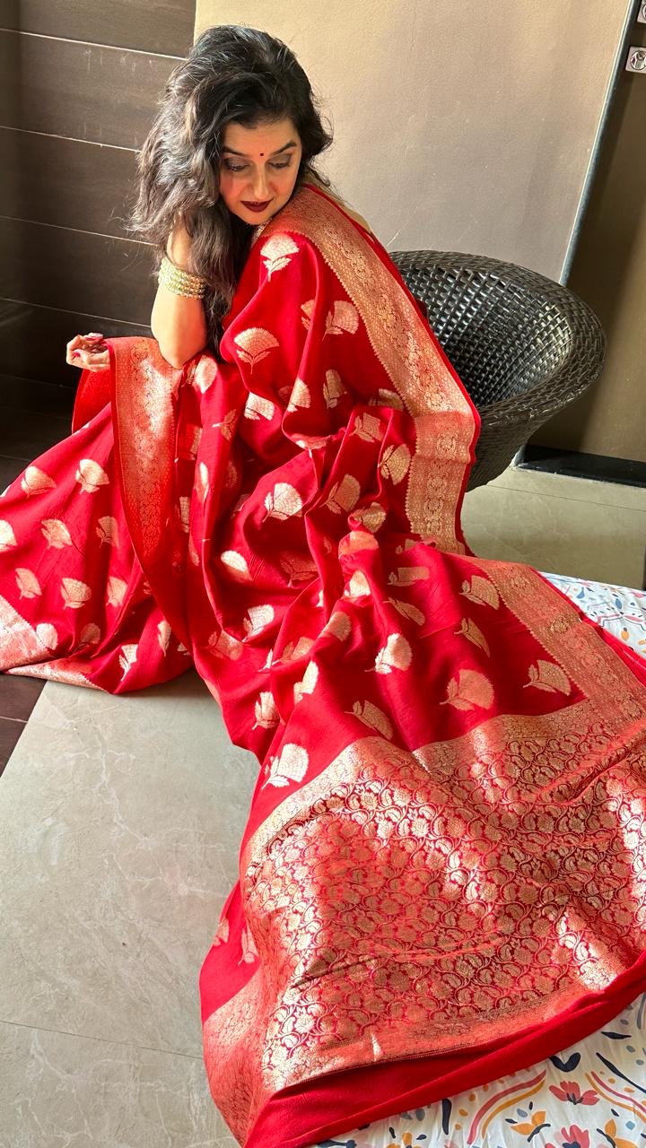 Pure Red Moonga Silk Saree