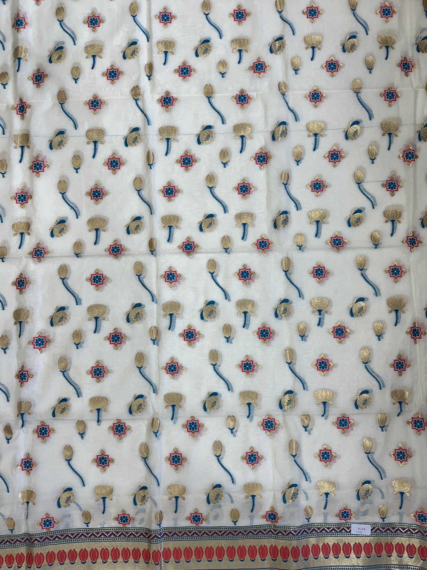 White Banarasi Cotton Suit Set with colorful Booti