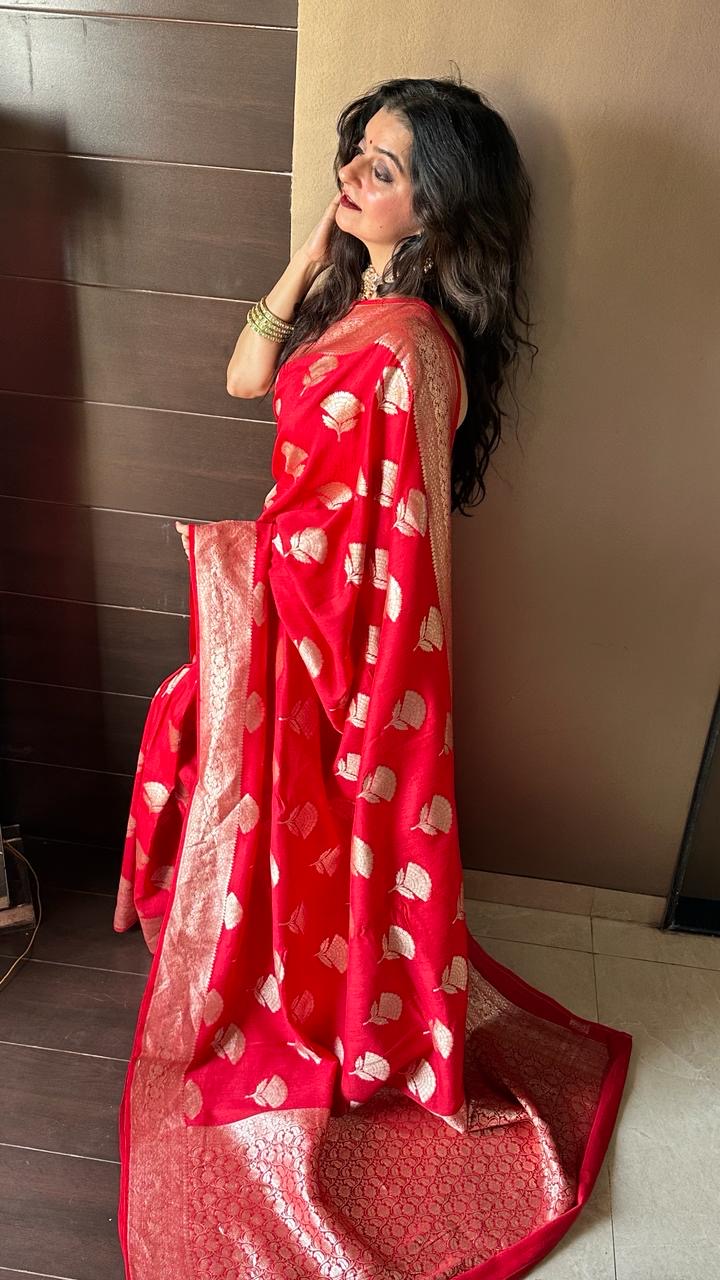 Pure Red Moonga Silk Saree