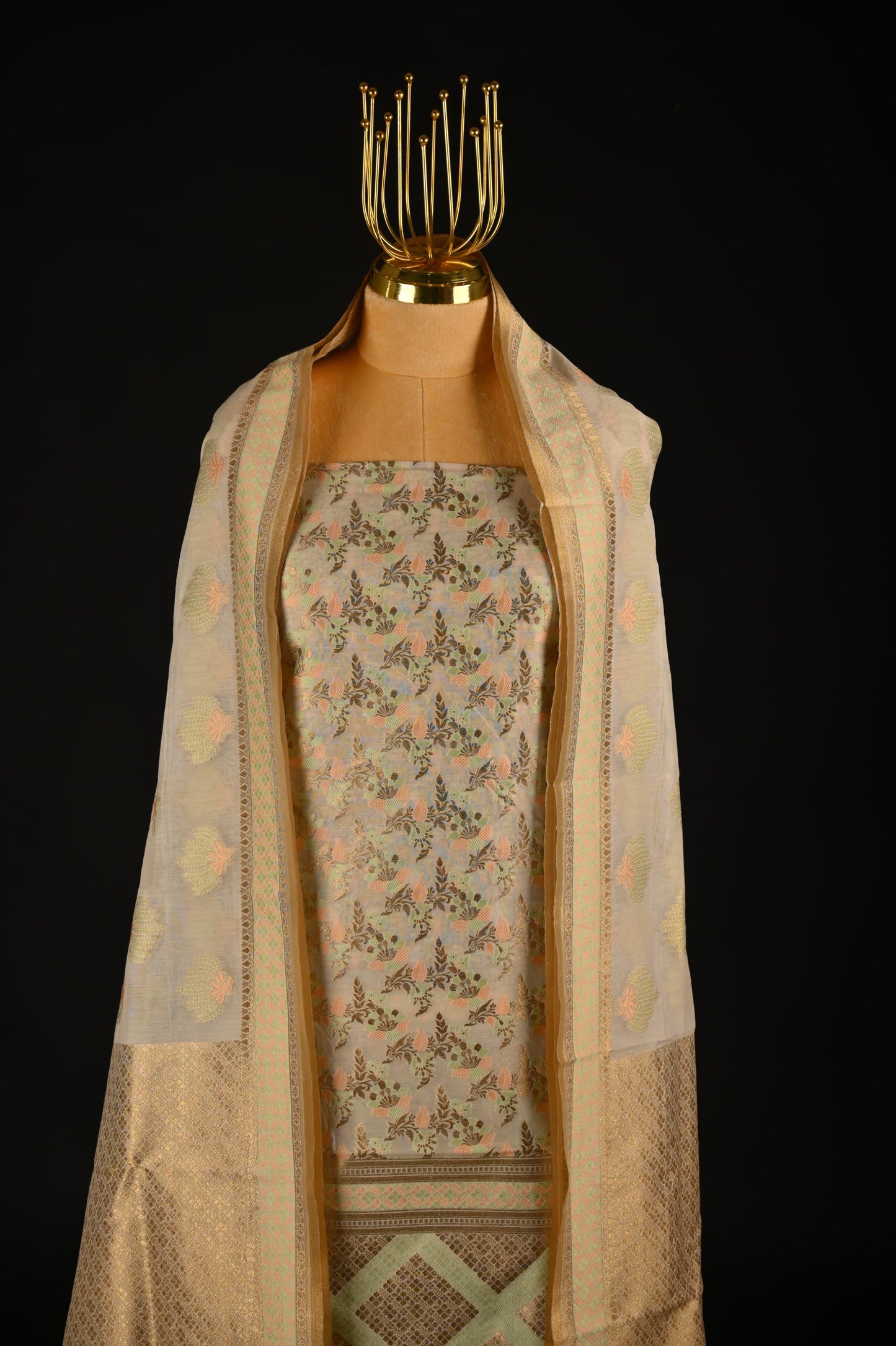 White Banarasi Cotton Suit Set with Green Work