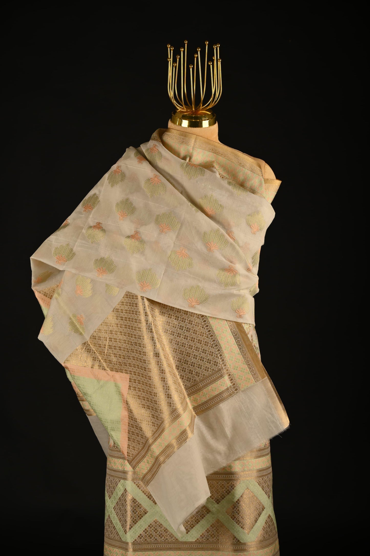 White Banarasi Cotton Suit Set with Green Work