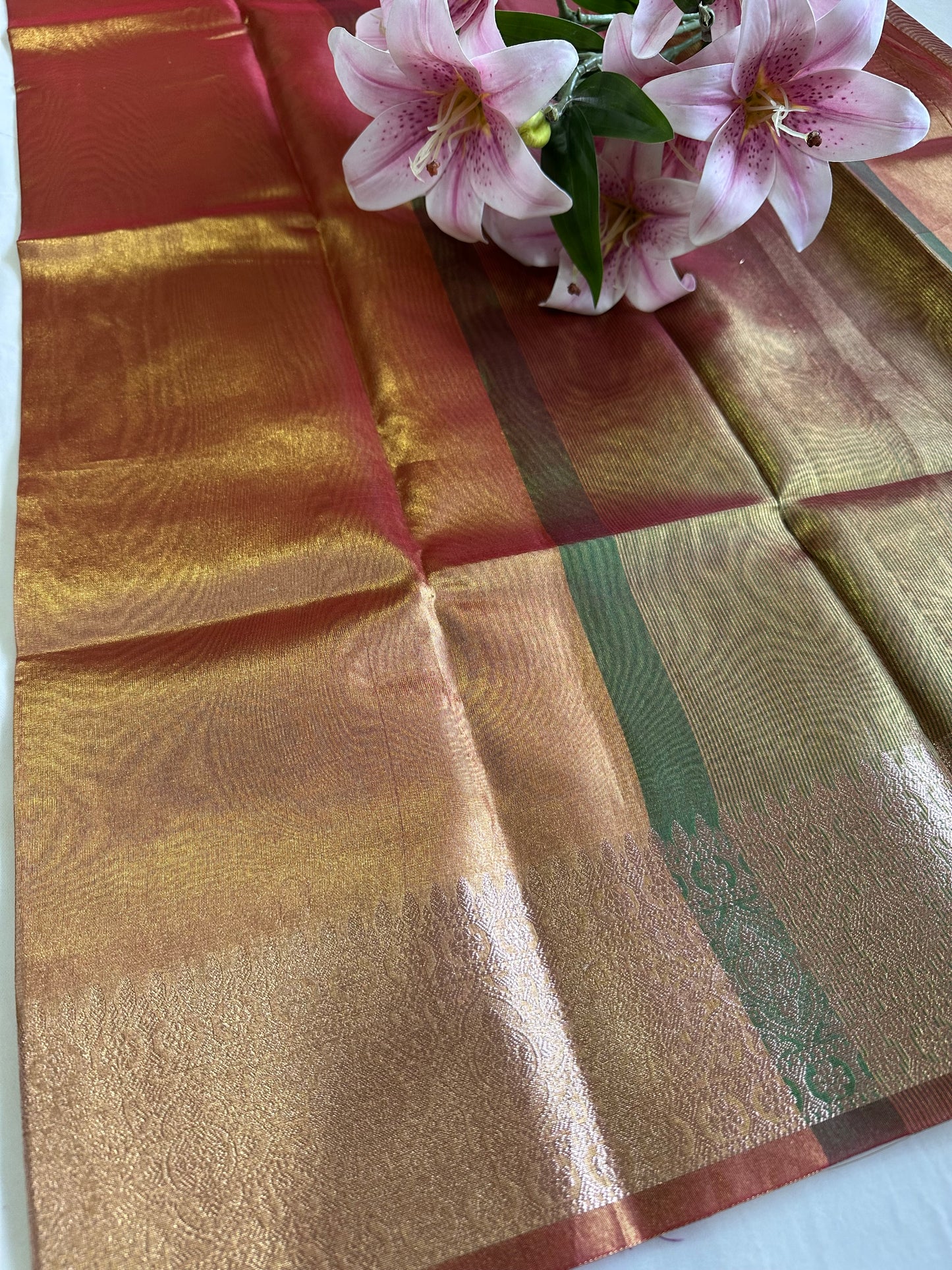 Orange Gold Tissue Border Saree