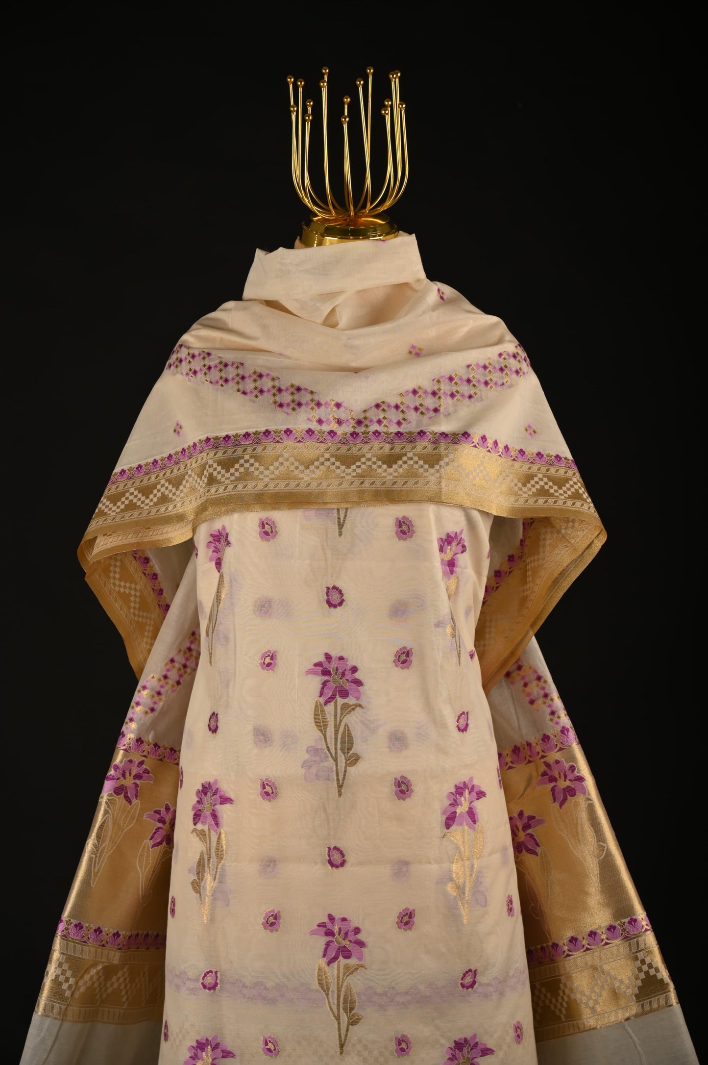 White Banarasi Cotton Suit Set with Purple Weave