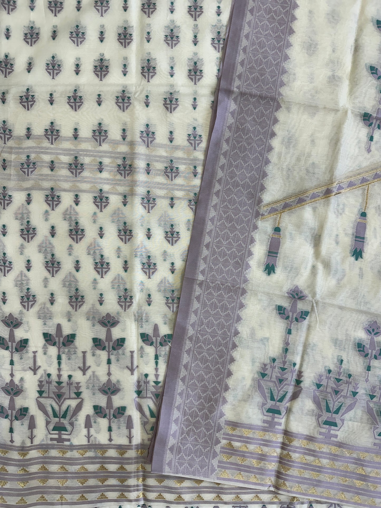 White Banarasi Cotton Suit Set with Green and Purple Booti