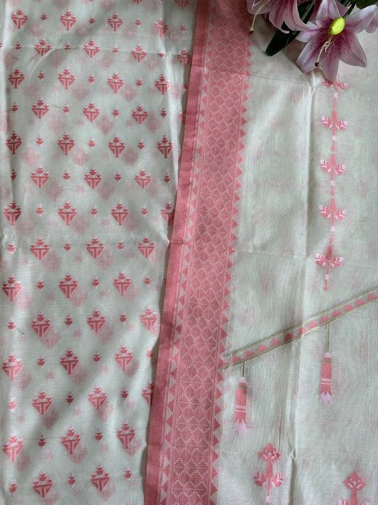 White With Pink Booti Banarasi Cotton Suit Set
