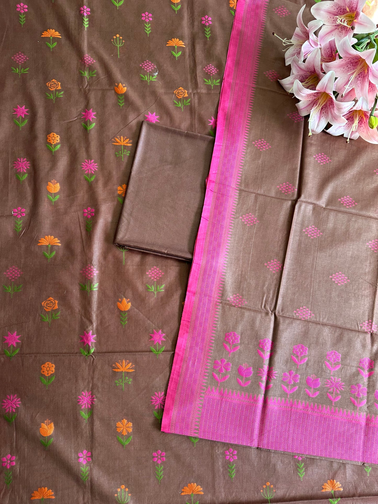 Brown Blossom Banarasi Cotton Suit Set