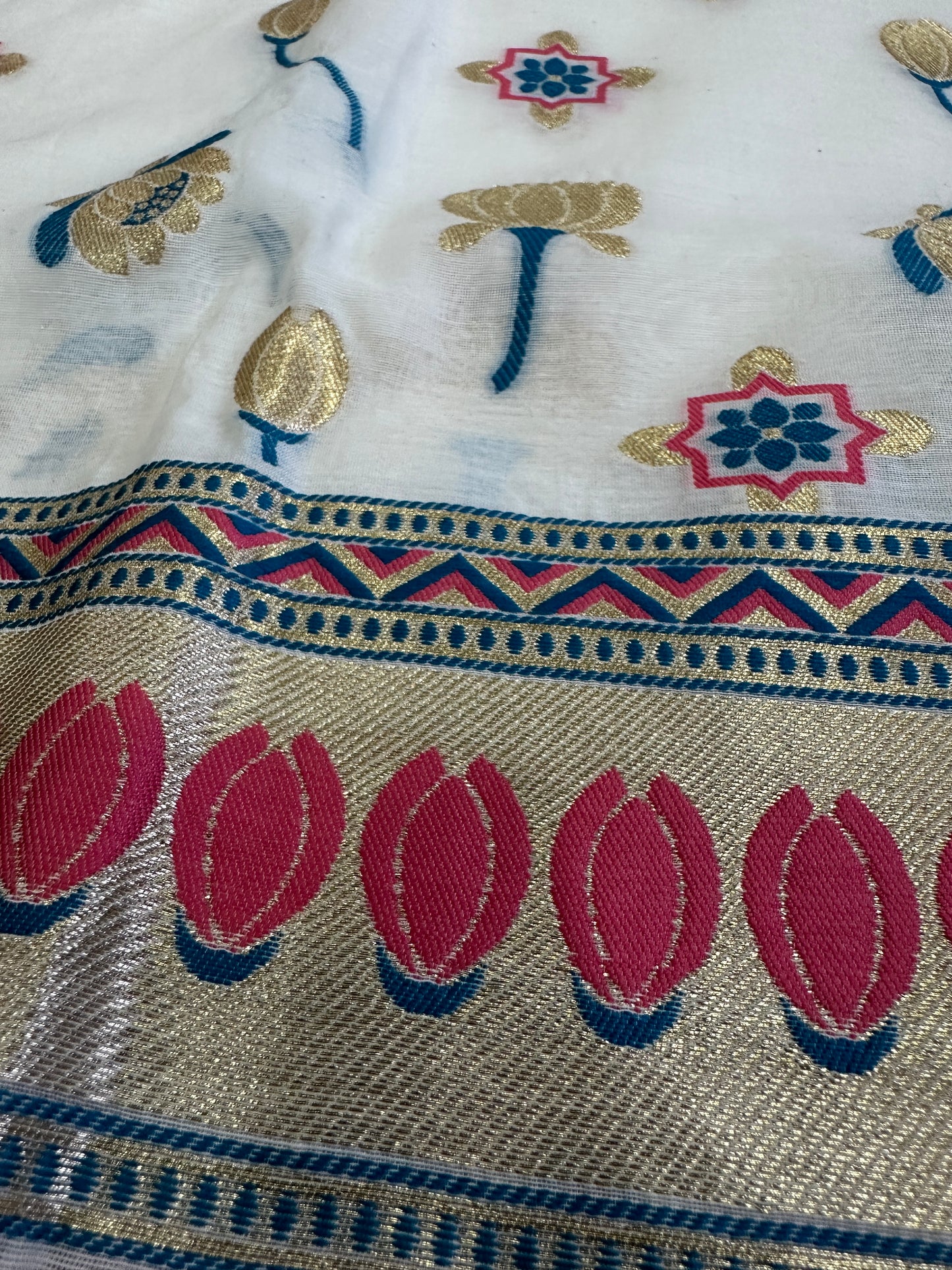 White Banarasi Cotton Suit Set with colorful Booti