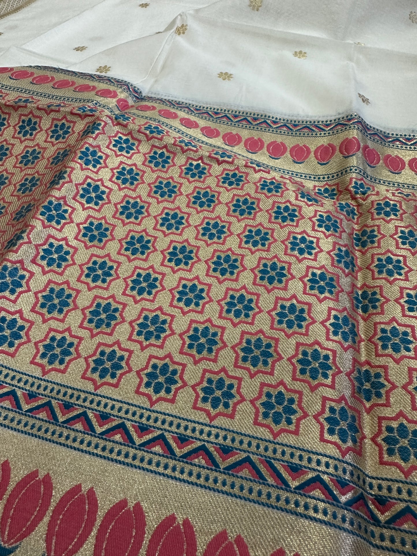 White Banarasi Cotton Suit Set with colorful Booti