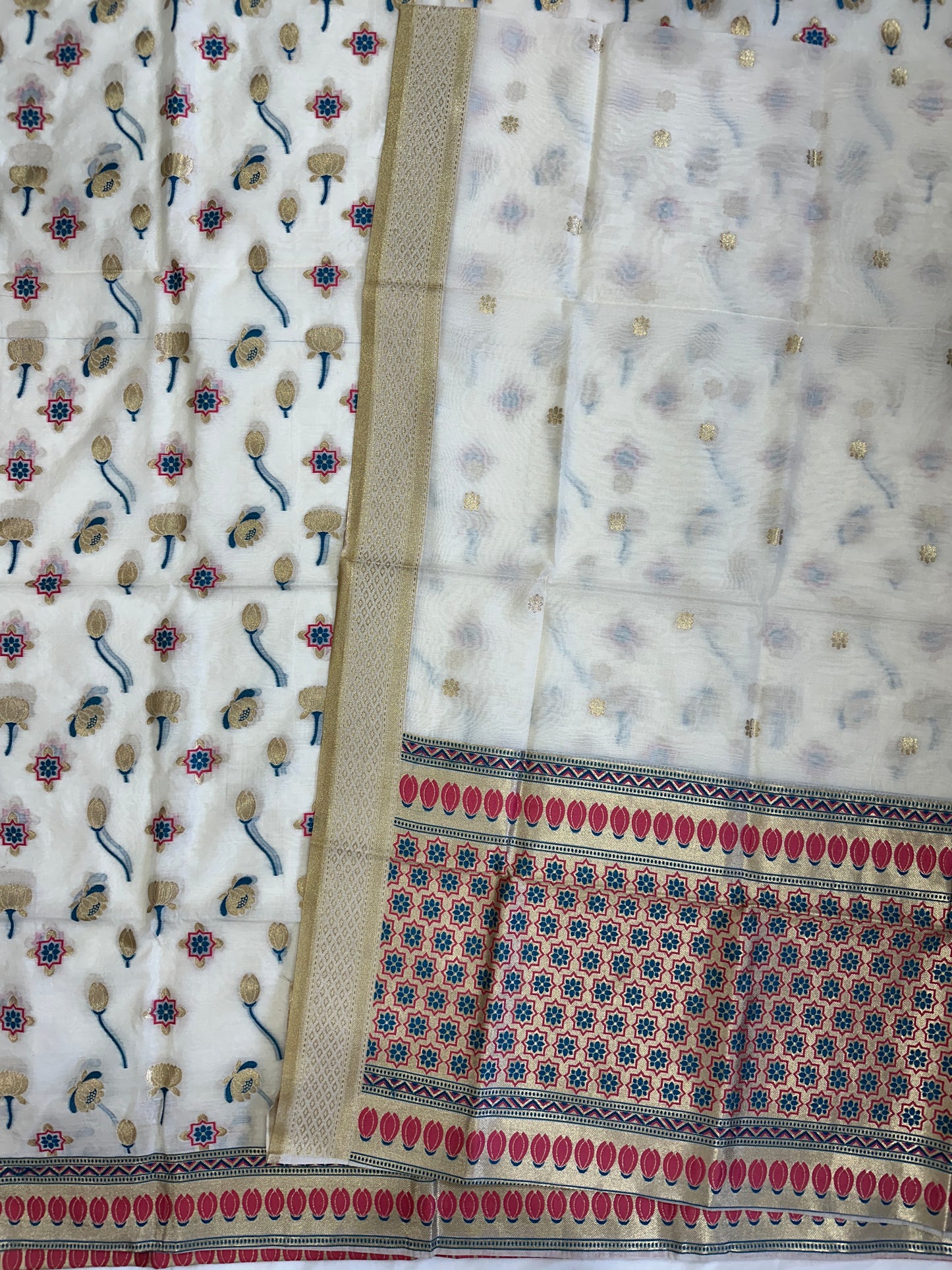 White Banarasi Cotton Suit Set with colorful Booti