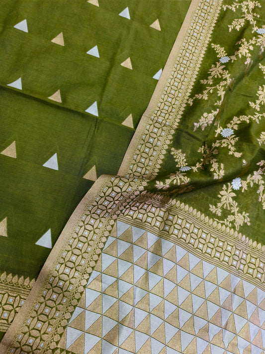 Olive Green Banarasi Cotton Suit Set